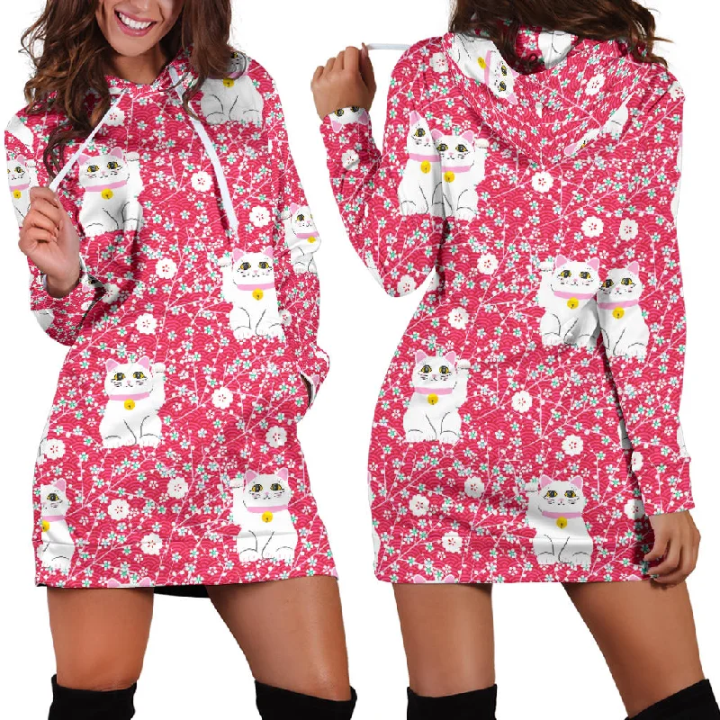 Maneki Neko Lucky Cat Sakura Pink Background Women'S Hoodie Dress