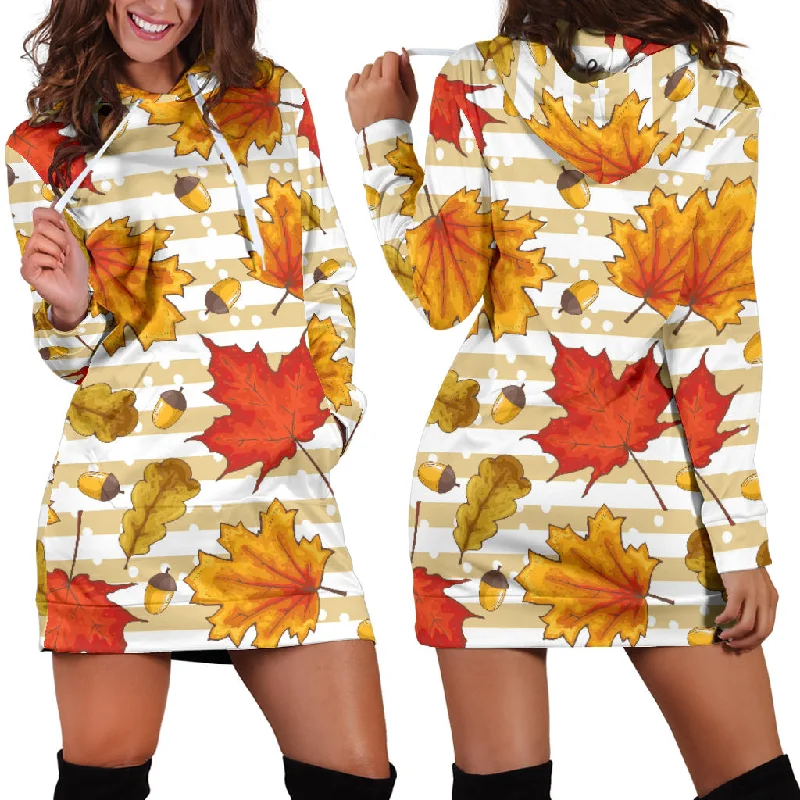 Maple Leaf Oak Leaf Acorns Beige Striped Background Women'S Hoodie Dress