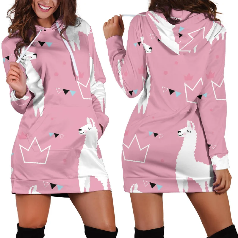 Llama Alpaca Pink Background Women'S Hoodie Dress