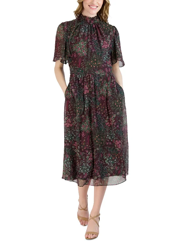 Womens Floral Print Polyester Midi Dress