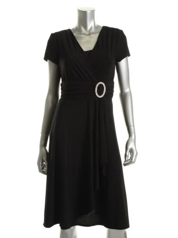 Womens Faux Wrap Stretch Little Black Dress