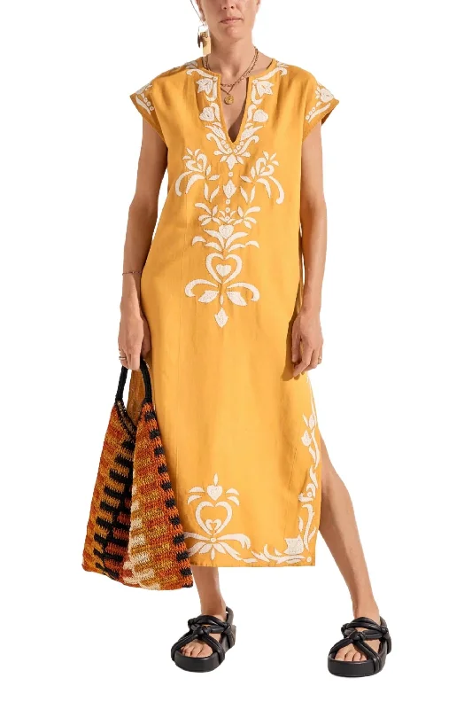 Phones Caftan Dress In Golden Yellow Appliqué