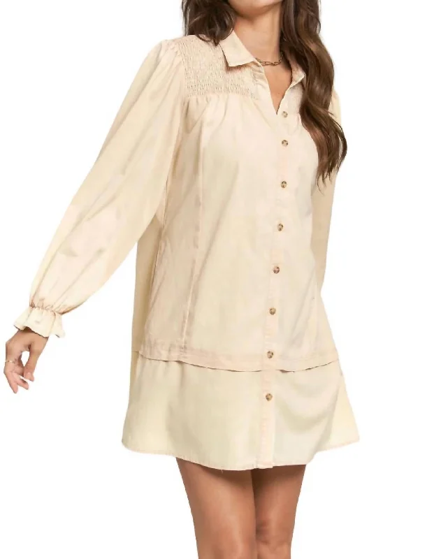 Layered Long Sleeve Button Up Dress In Cream