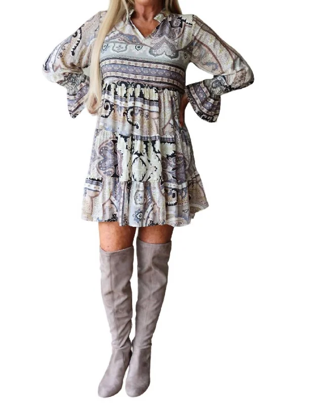 Boho Short Baby Doll Paisley Dress In Grey