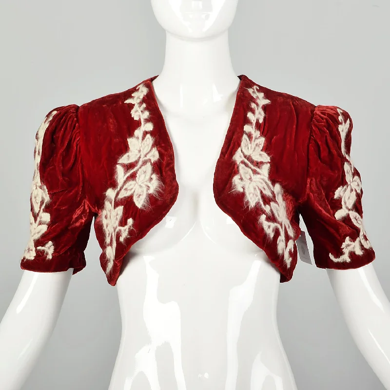 XS 1930s Red Rayon Velvet Bolero Embroidered Jacket