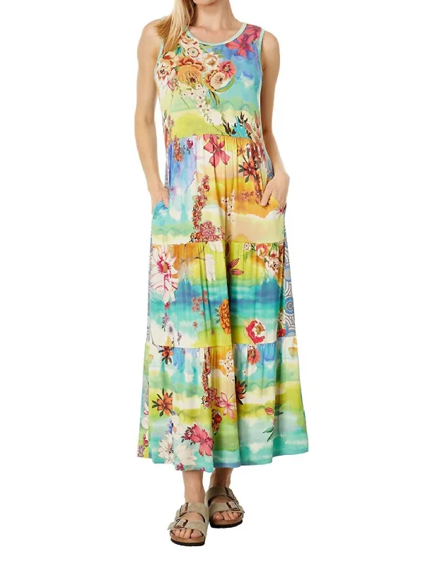 Tie Dye Sleeveless Tiered Midi Dress In Yellow