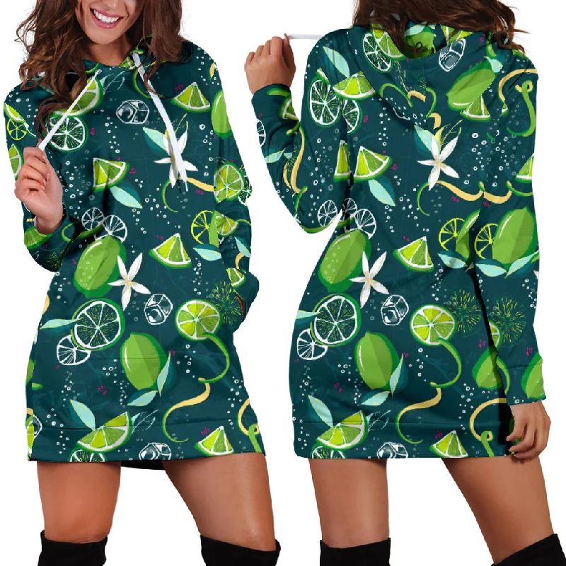 Lime Ice Flower Pattern Women'S Hoodie Dress