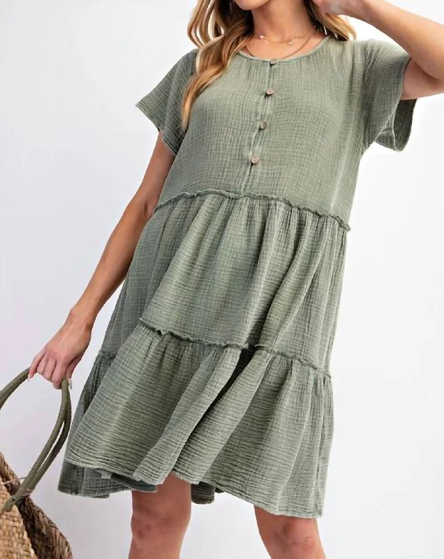 Mineral Washed Gauze Tiered Short Dress In Faded Olive