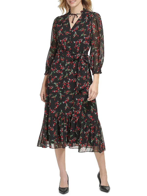 Womens Chiffon Floral Print Midi Dress