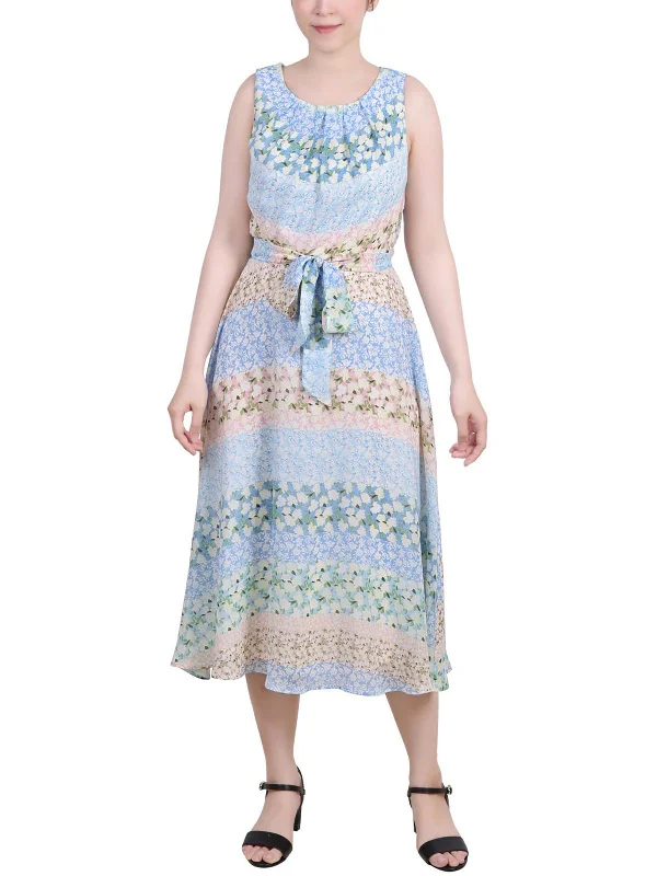 Petites Womens Chiffon Printed Midi Dress