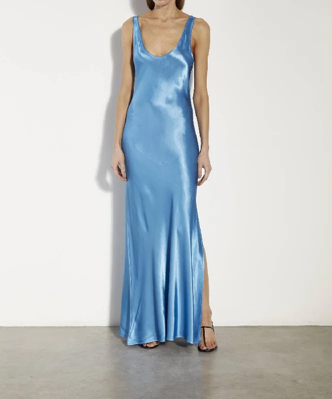 Satin Tank Dress In Pool Blue