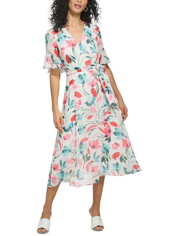 Petites Womens Floral Polyester Midi Dress