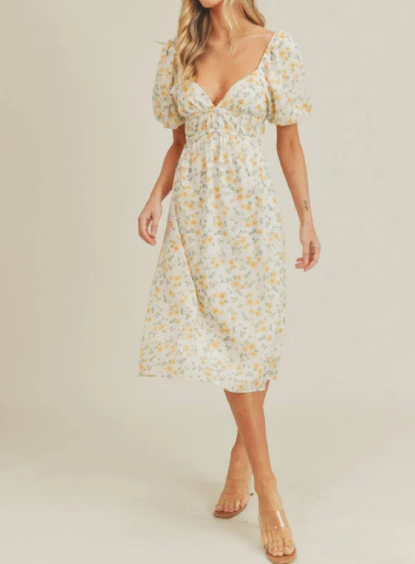 Floral Print Midi Dress In White And Yellow Combo