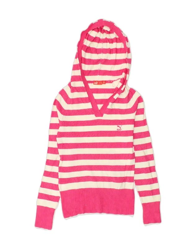 PUMA Womens Hooded V-Neck Jumper Sweater UK 12 Medium Pink Striped Viscose