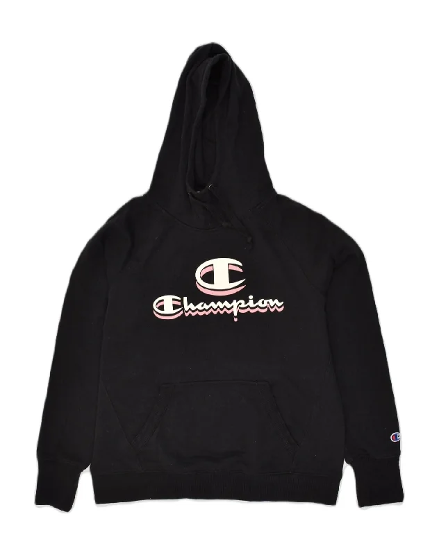 CHAMPION Womens Graphic Hoodie Jumper UK 10 Small Black Cotton