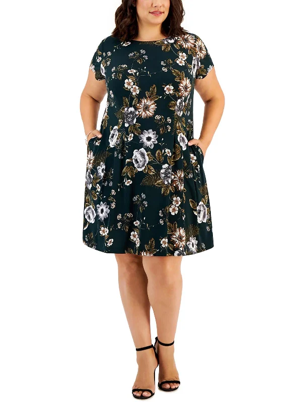 Plus Womens Floral Wide Neck Fit & Flare Dress