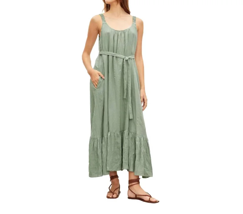 Elara Woven Linen Dress In Aloe