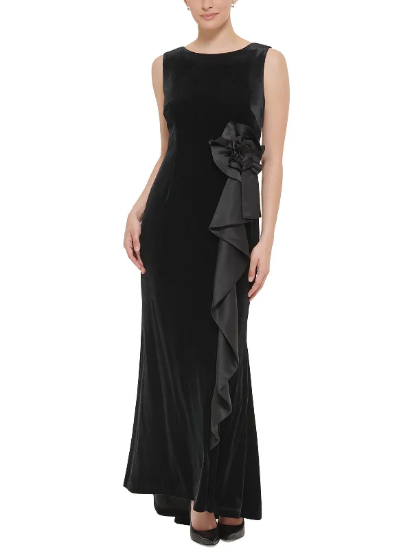 Petites Womens Velvet Ruffled Evening Dress