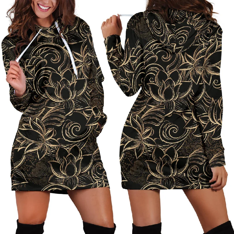 Luxurious Gold Lotus Waterlily Black Background Women'S Hoodie Dress