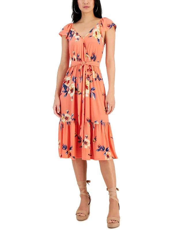 Womens Faux-Wrap Polyester Midi Dress