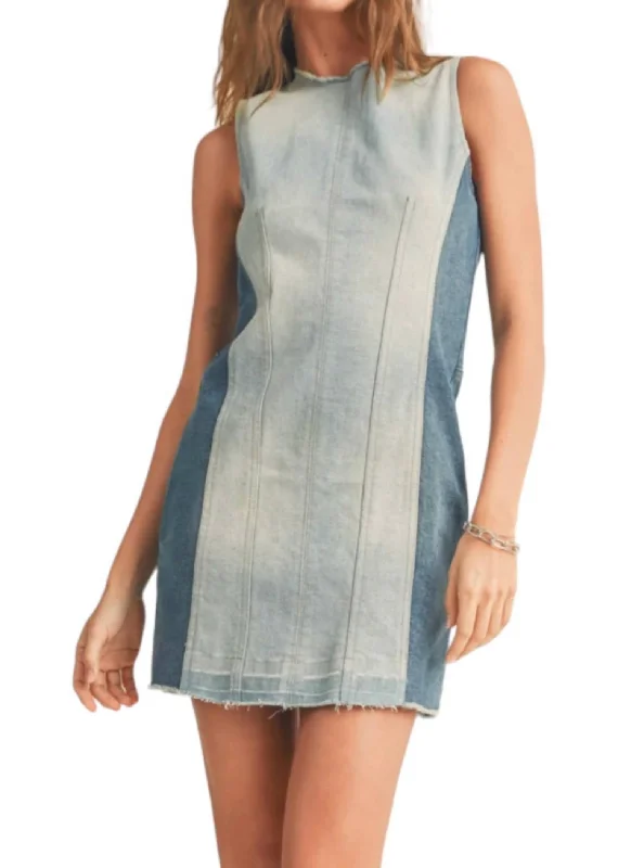 Blocked Denim Dress In Light And Dark Wash Denim