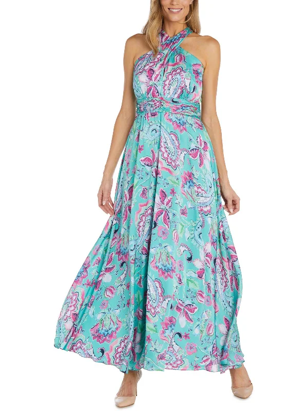 Womens Floral Print Long Halter Dress