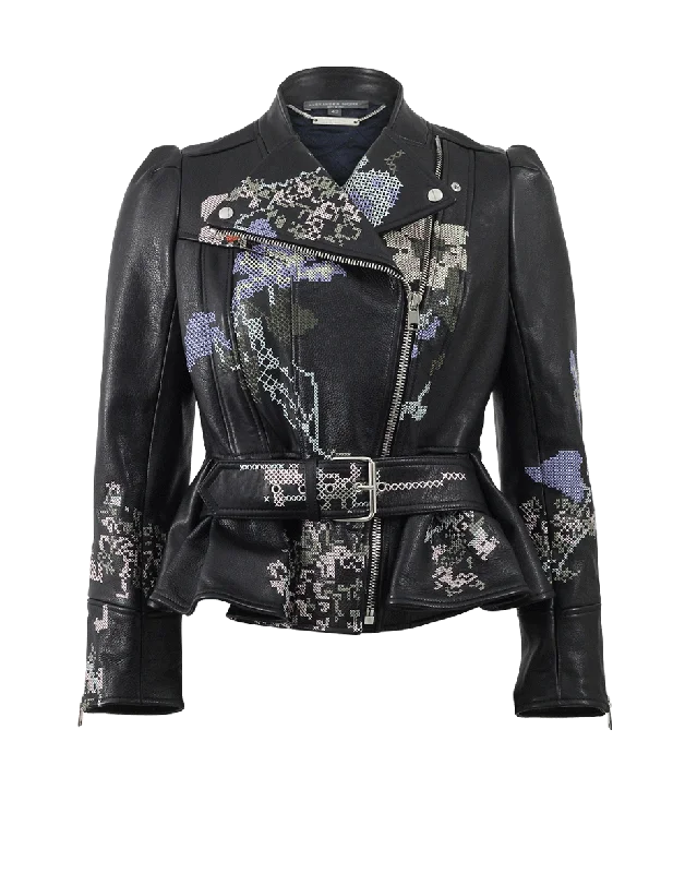 Cross-Stitch Peplum Leather Jacket