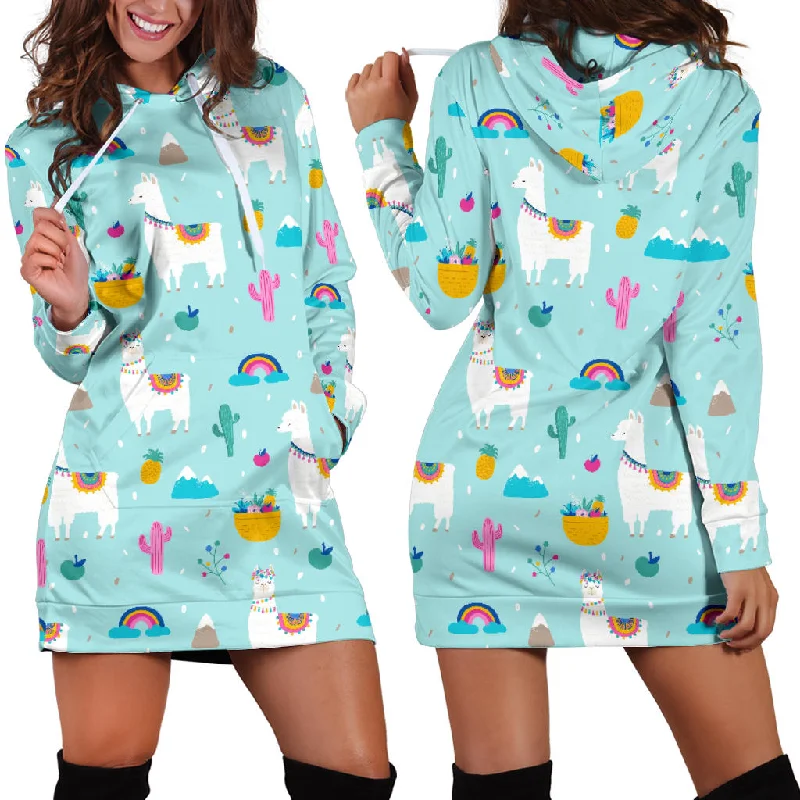 Llama Alpaca Cactus Leaves Pattern Women'S Hoodie Dress