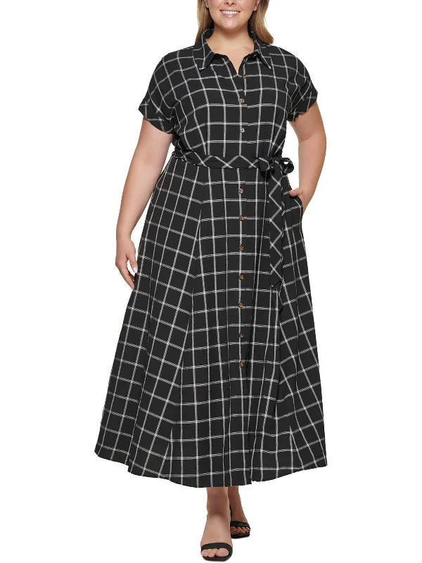 Plus Womens Window Pane Polyester Shirtdress