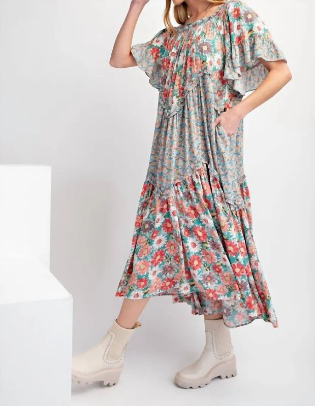 Peasant Floral Maxi Dress In Sage