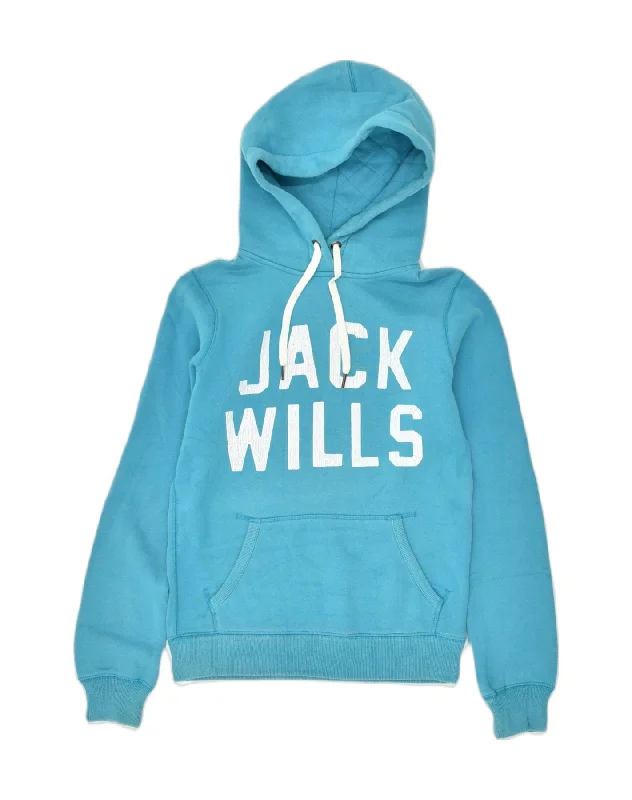 JACK WILLS Womens Graphic Hoodie Jumper UK 6 XS Blue Cotton