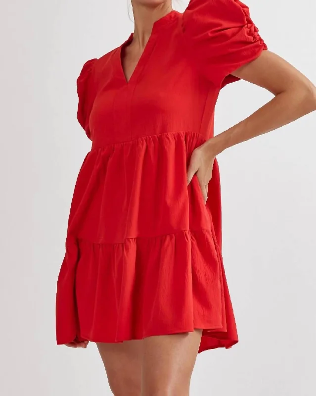 Puff Sleeve Tiered Short Dress In Bright Red