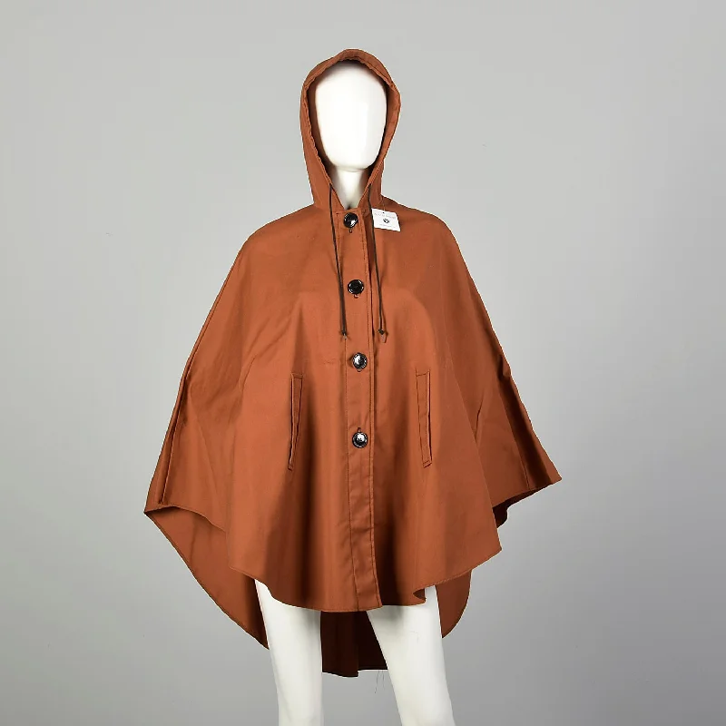 Small 1970s Brown Canvas Button Front Poncho Lightweight Unlined Hooded Cape