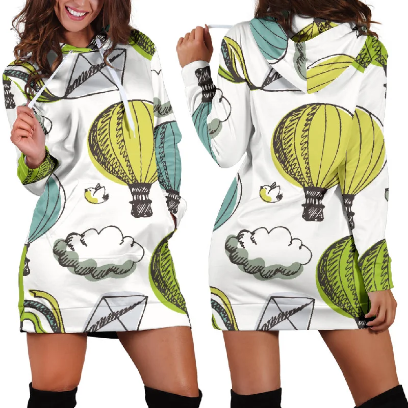 Hot Air Balloon Bird Cloud Pattern Women'S Hoodie Dress