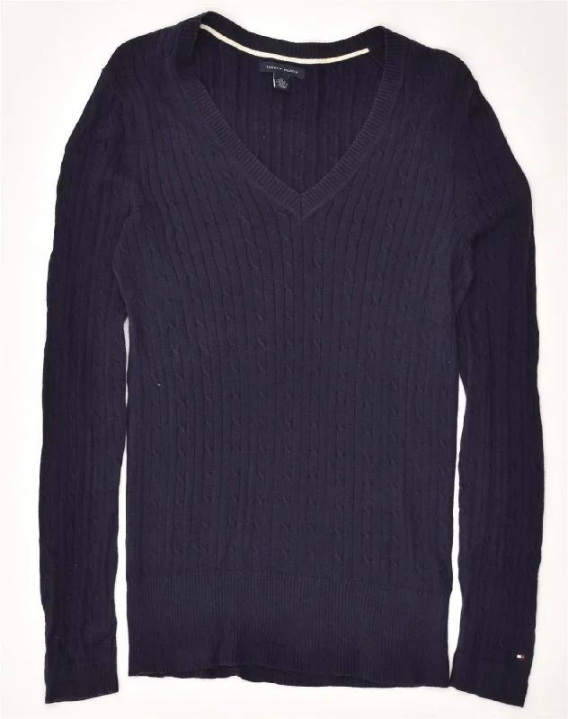 TOMMY HILFIGER Womens V-Neck Jumper Sweater UK 12 Medium Navy Blue Cotton