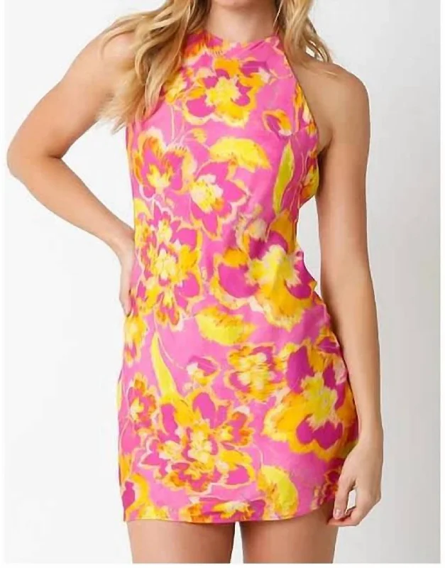 Halter Floral Dress In Pink/yellow