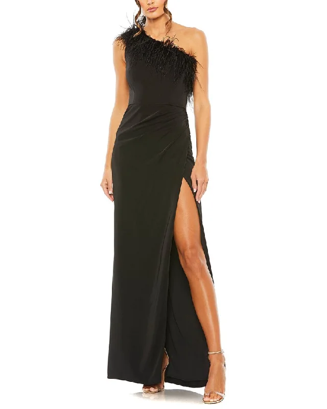 Mac Duggal One Shoulder Feather Trim Gown