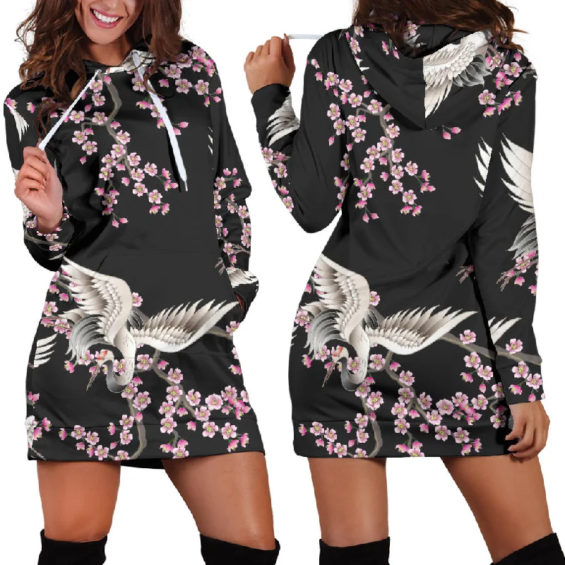 Japanese Crane Pink Sakura Pattern Women'S Hoodie Dress