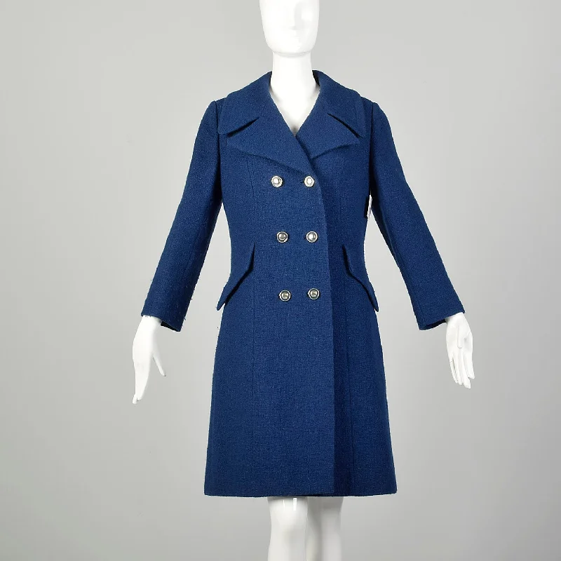 Small 1960s Coat Blue Mod Wool Tweed Double Breasted Winter Outerwear