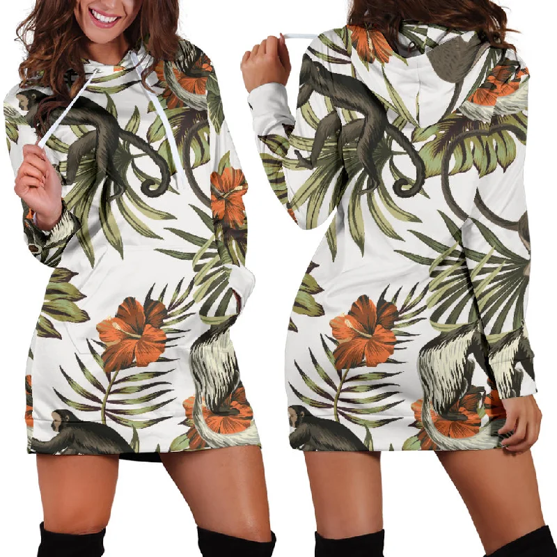 Monkey Red Hibiscus Flower Palm Leaves Floral Pattern Women'S Hoodie Dress