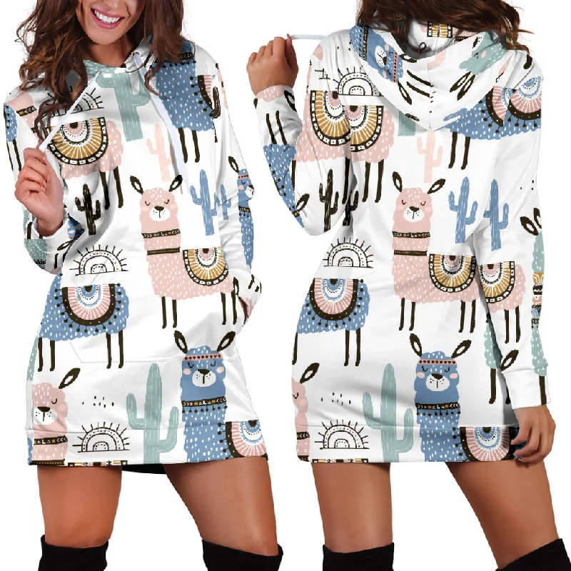 Lama Alpaca Cactus Hand Drawn Pattern Women'S Hoodie Dress